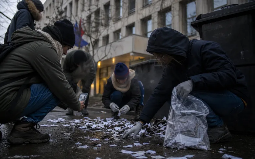 Aktivister sorterar strimlade dokument vid soptunnor utanför regeringsbyggnad i Budapest