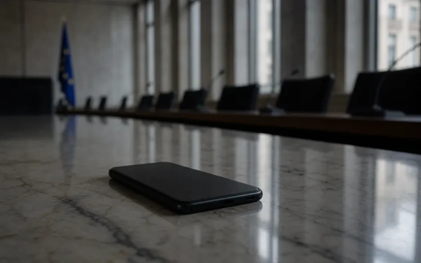 Mobiltelefon på ett bord i en EU-byggnad, symbol för granskning av privata meddelanden