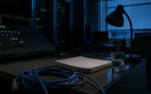 Mörkt kontrollrum med statuslampor och kablar, symbol för ogranskad cybersäkerhetsrapport